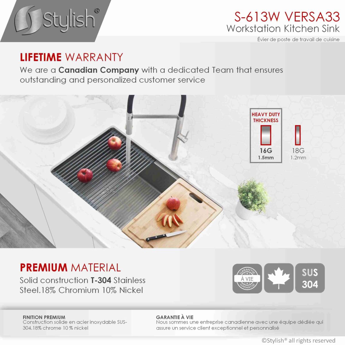 STYLISH S-613W VERSA 33-inch Workstation Single Bowl - Image 10