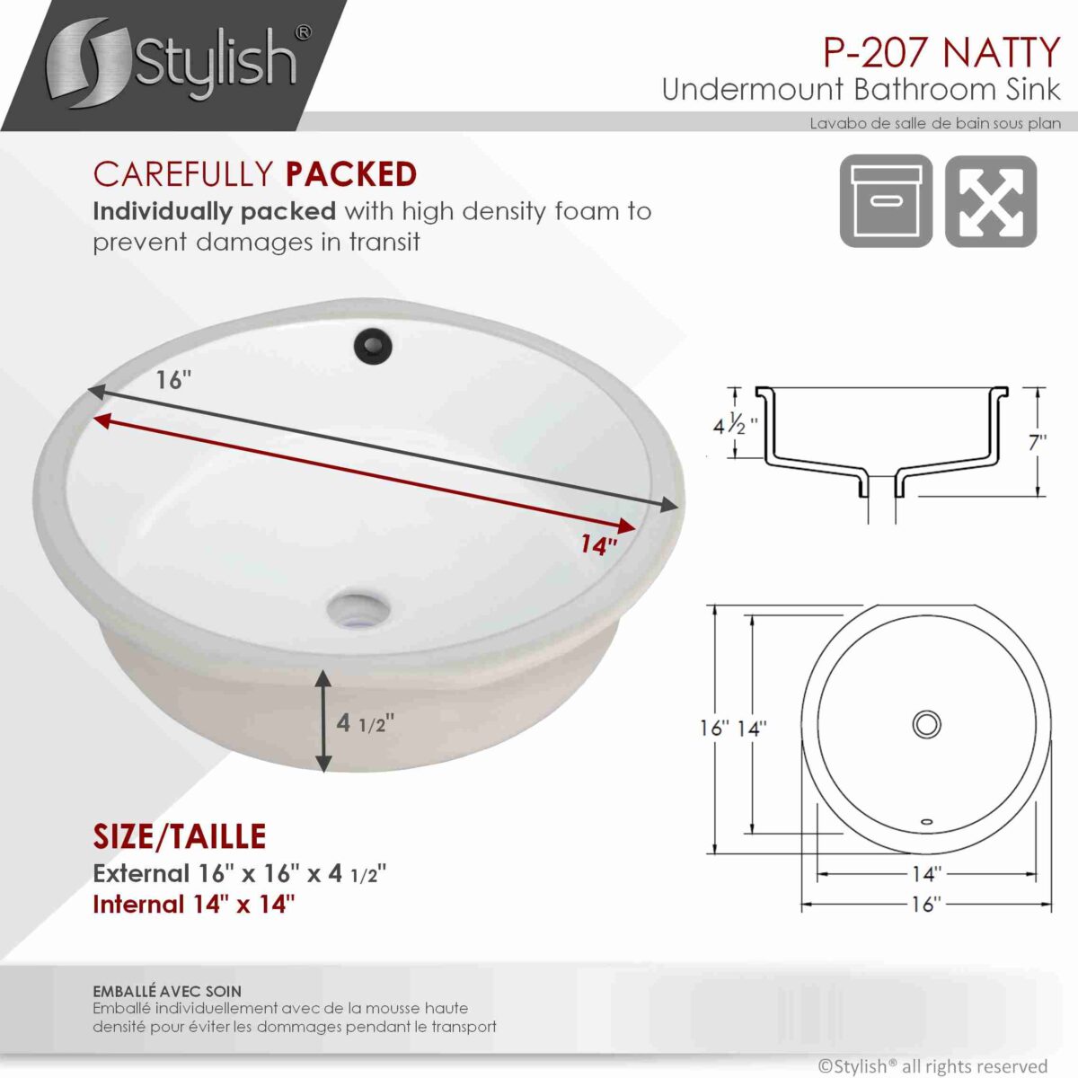 STYLISH P-207 NATTY 16-inch Undermount Bathroom Sink - Image 6