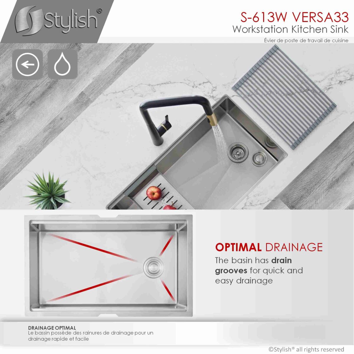 STYLISH S-613W VERSA 33-inch Workstation Single Bowl - Image 5