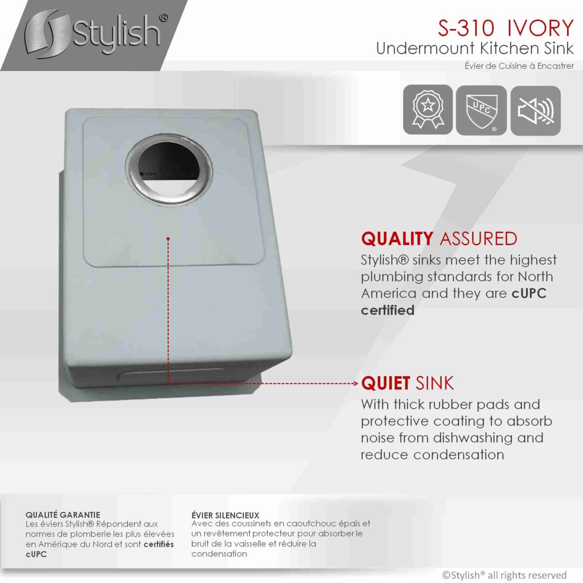 STYLISH S-310G IVORY 14-inch Undermount Kitchen Sink - Image 3
