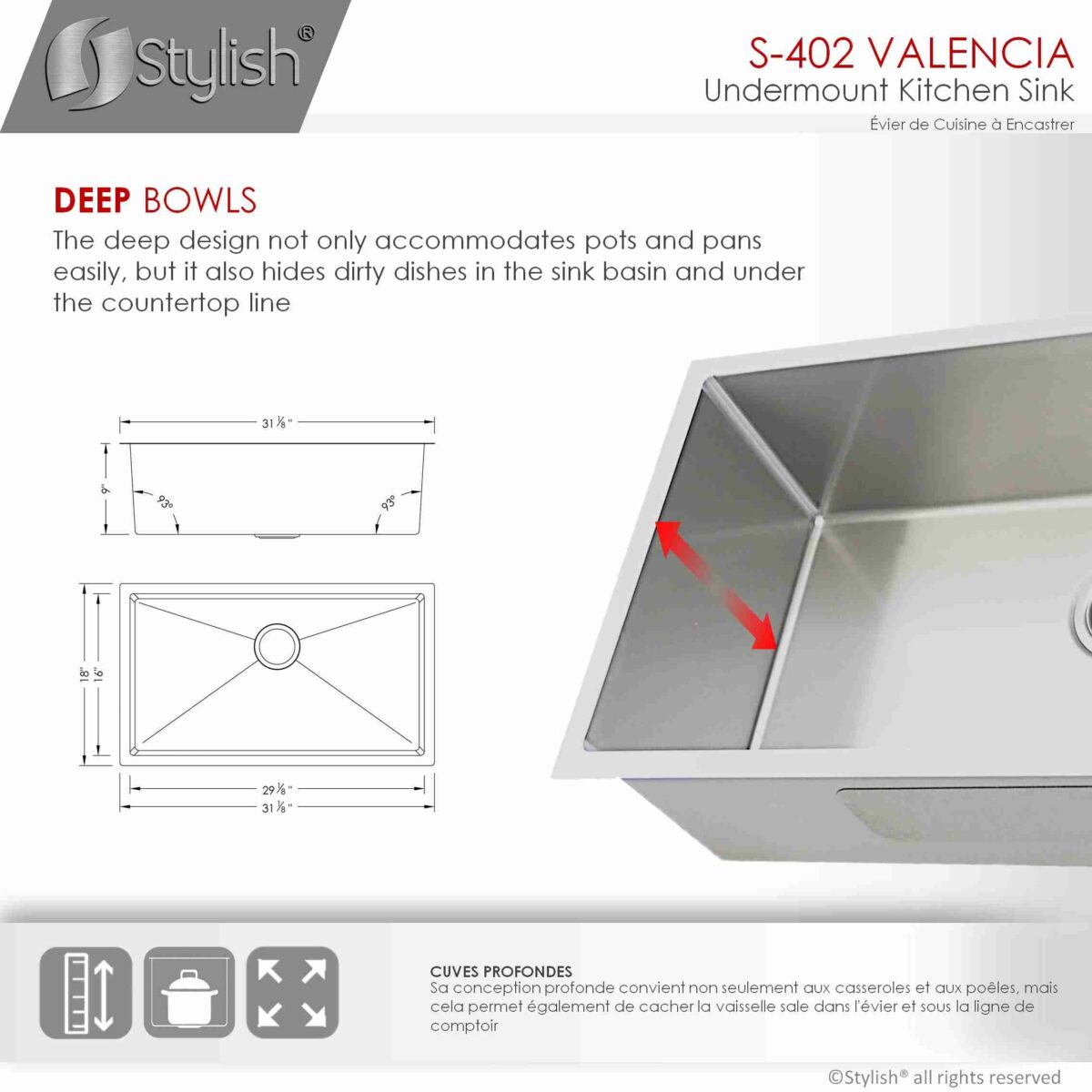 STYLISH S-402 VALENCIA 31-inch Undermount Kitchen Sink - Image 7