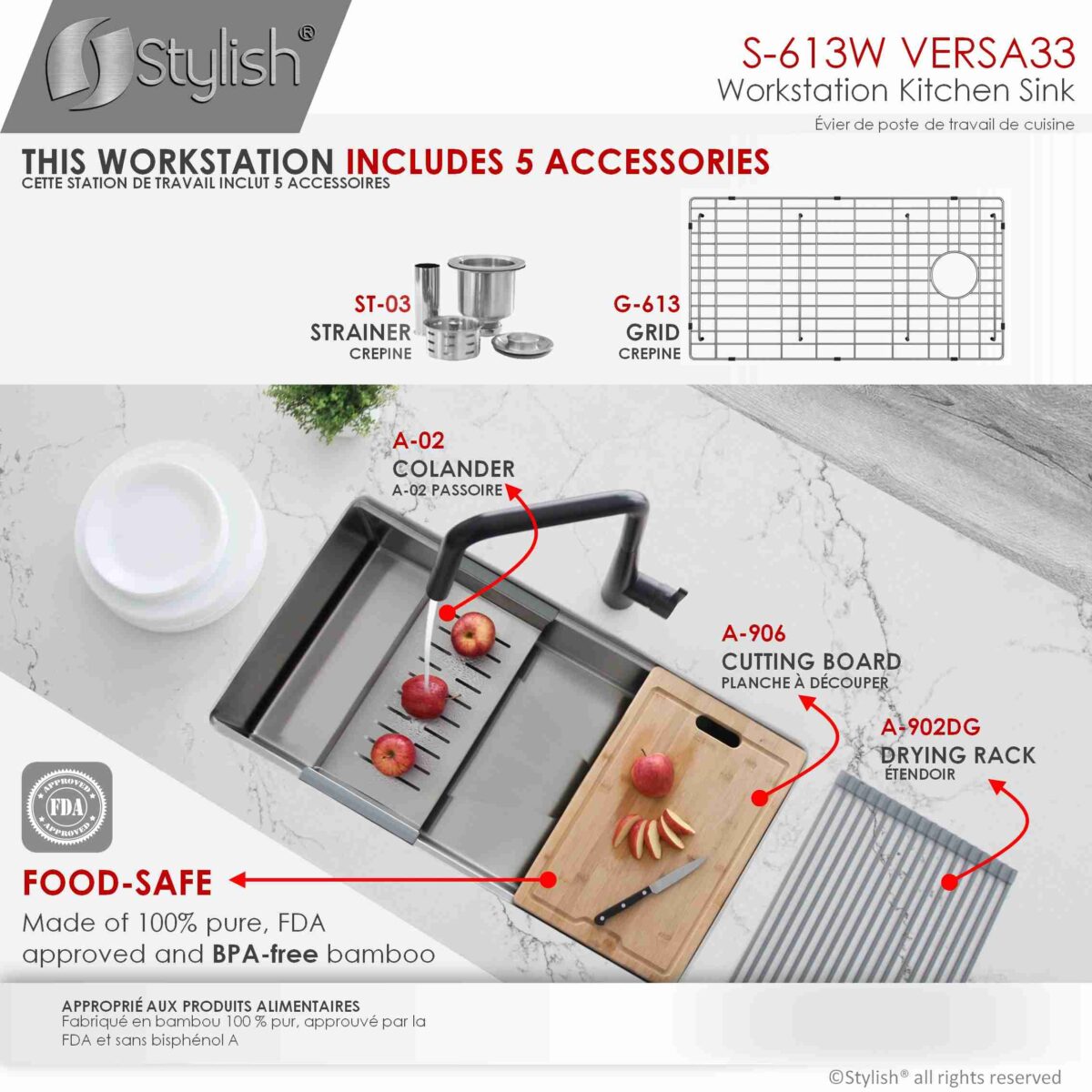 STYLISH S-613W VERSA 33-inch Workstation Single Bowl - Image 11