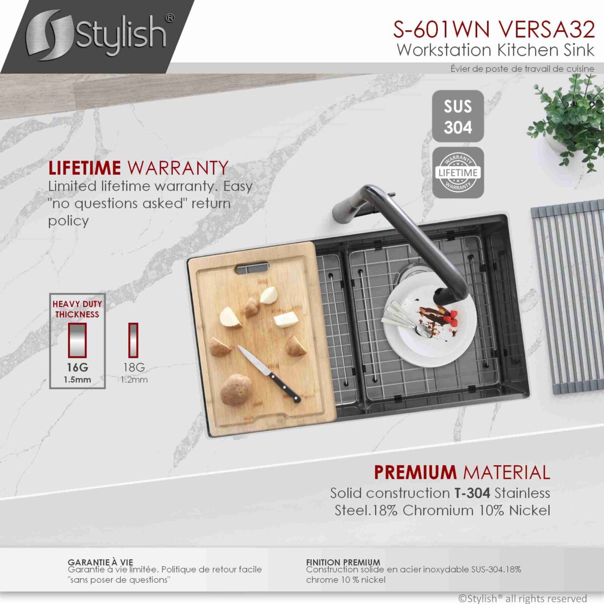 STYLISH S-601WN VERSA 32-inch Workstation Kitchen Sink - Image 10