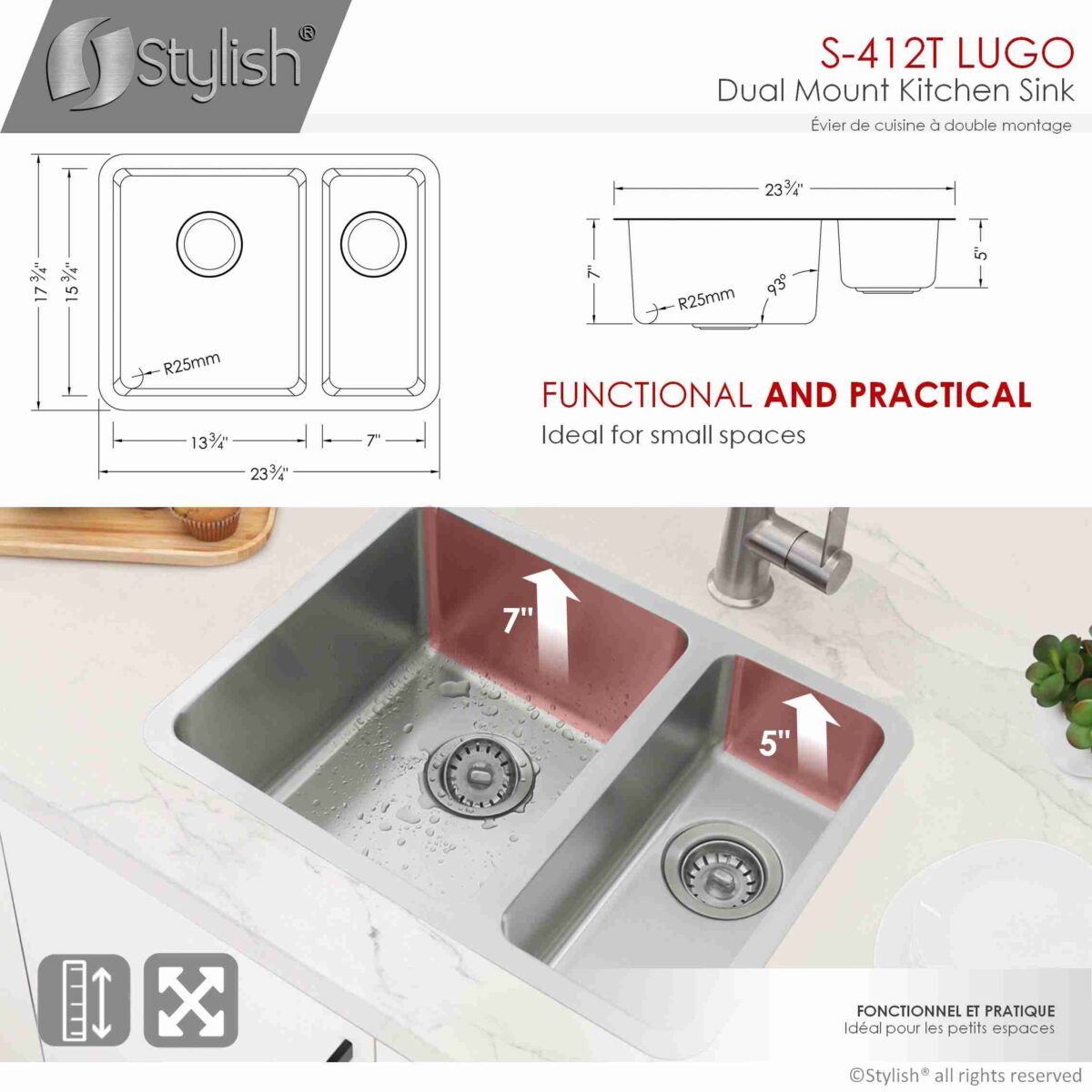 STYLISH S-412T 23-inch Double Bowl Undermount Kitchen Sink - Image 7