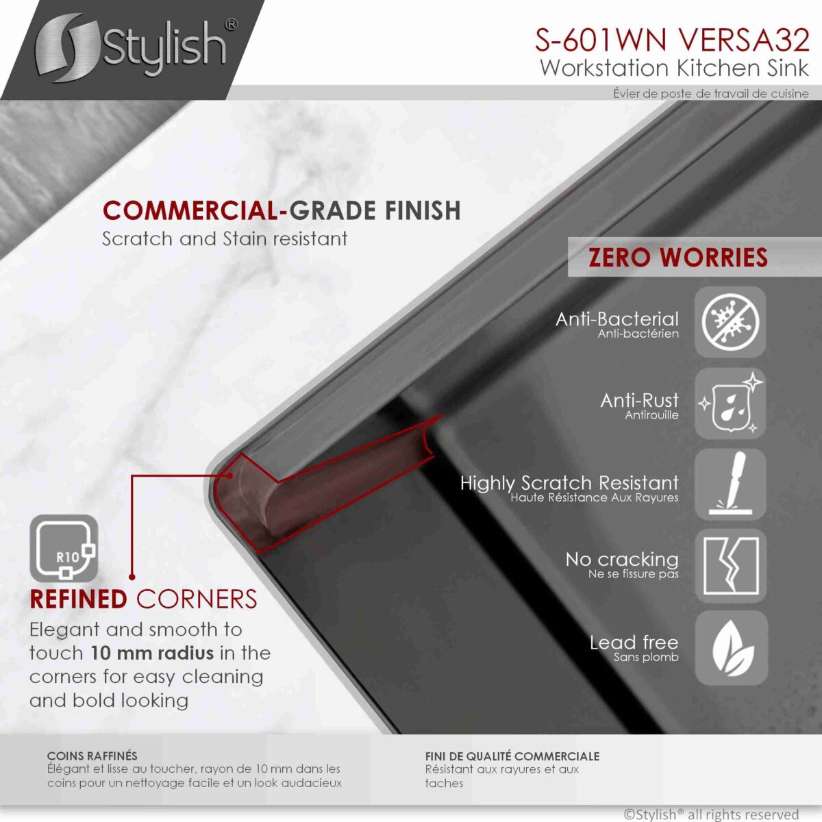 STYLISH S-601WN VERSA 32-inch Workstation Kitchen Sink - Image 4