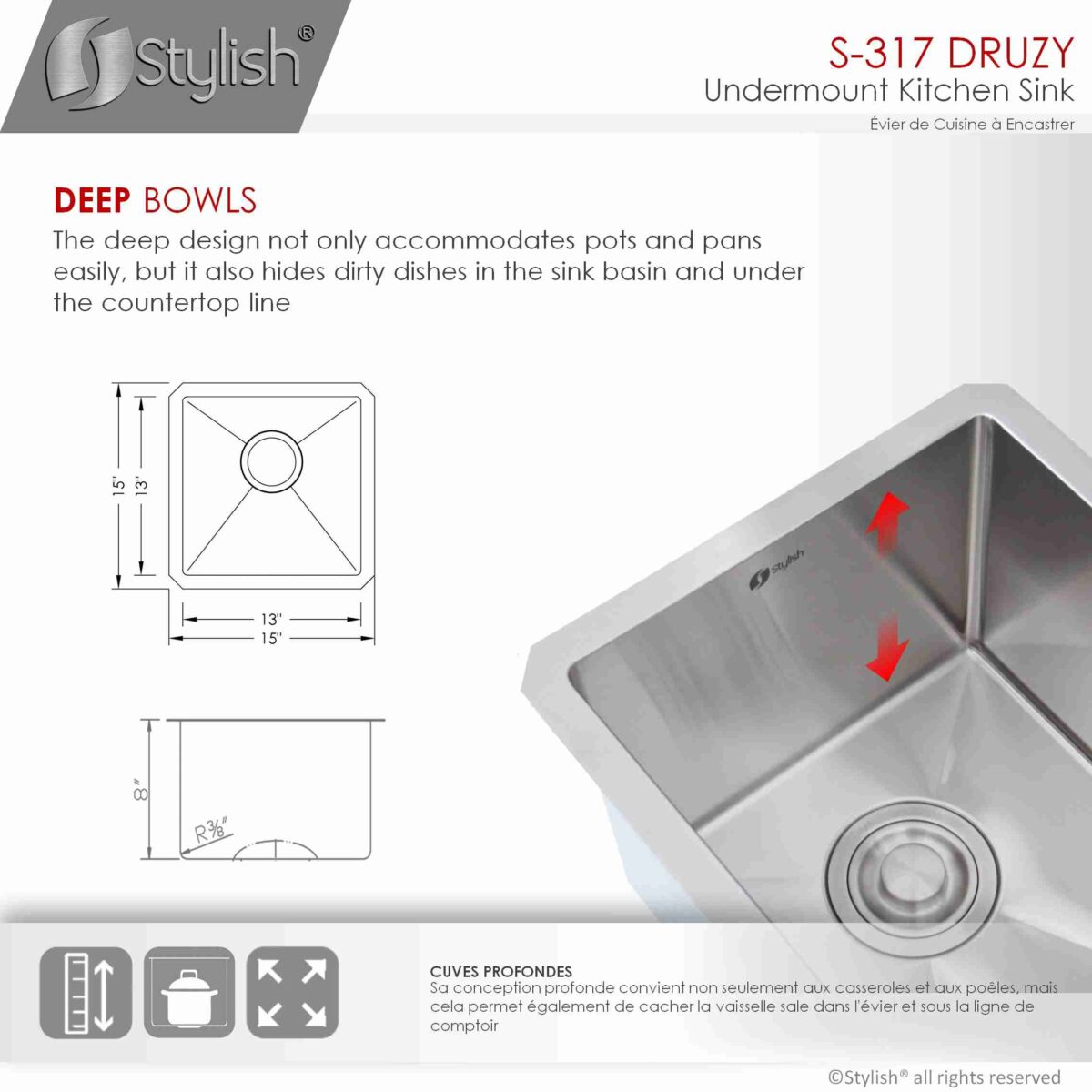 STYLISH S-317G DRUZY 15-inch Undermount Kitchen Sink - Image 8