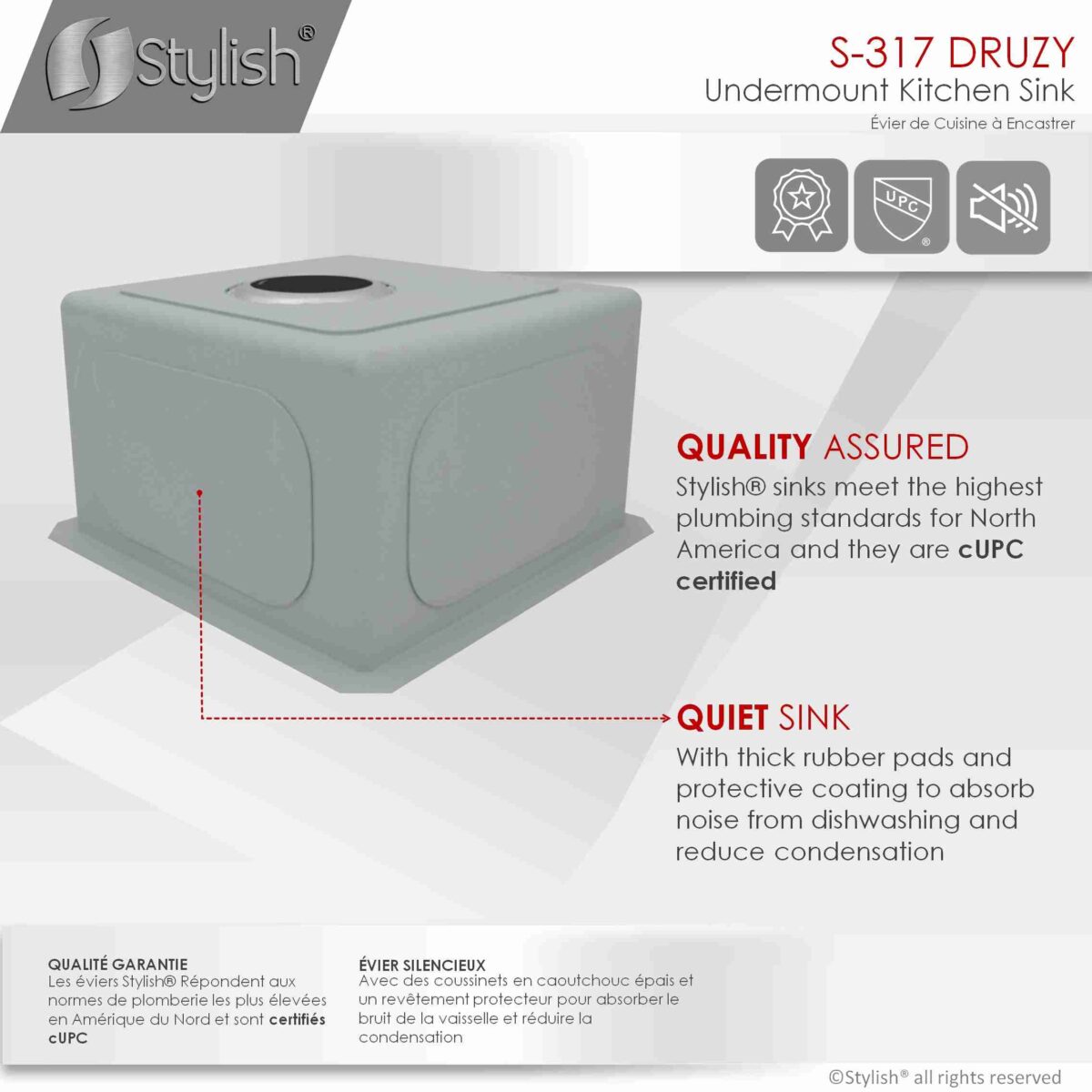 STYLISH S-317G DRUZY 15-inch Undermount Kitchen Sink - Image 3