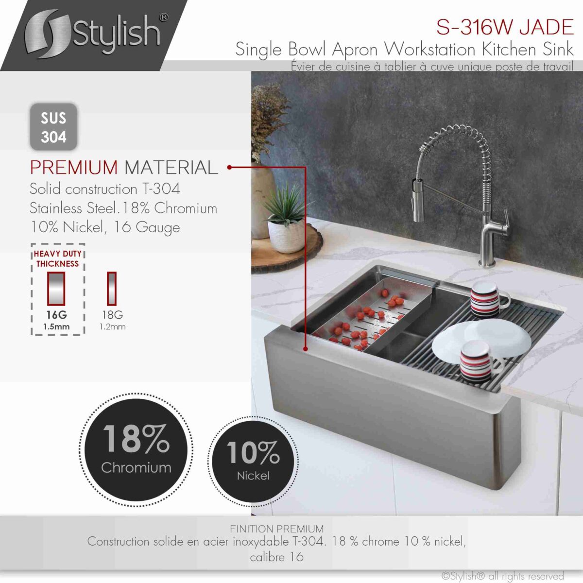 STYLISH S-316W JADE 30-inch Apron Kitchen Sink - Image 3