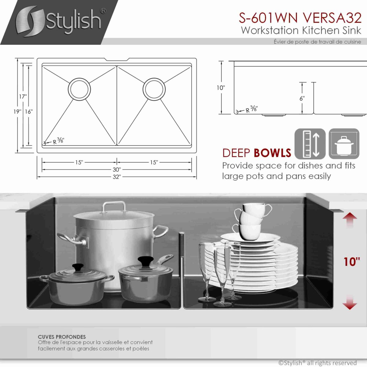 STYLISH S-601WN VERSA 32-inch Workstation Kitchen Sink - Image 8