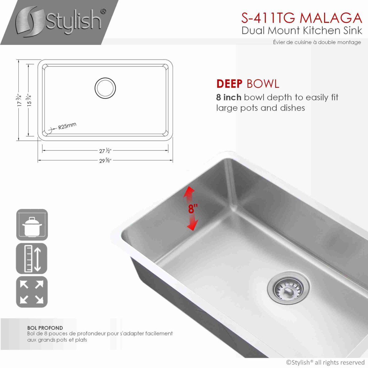 STYLISH MALAGA S-411TG New Design 30" Single Bowl Undermount Kitchen Sink - Image 8