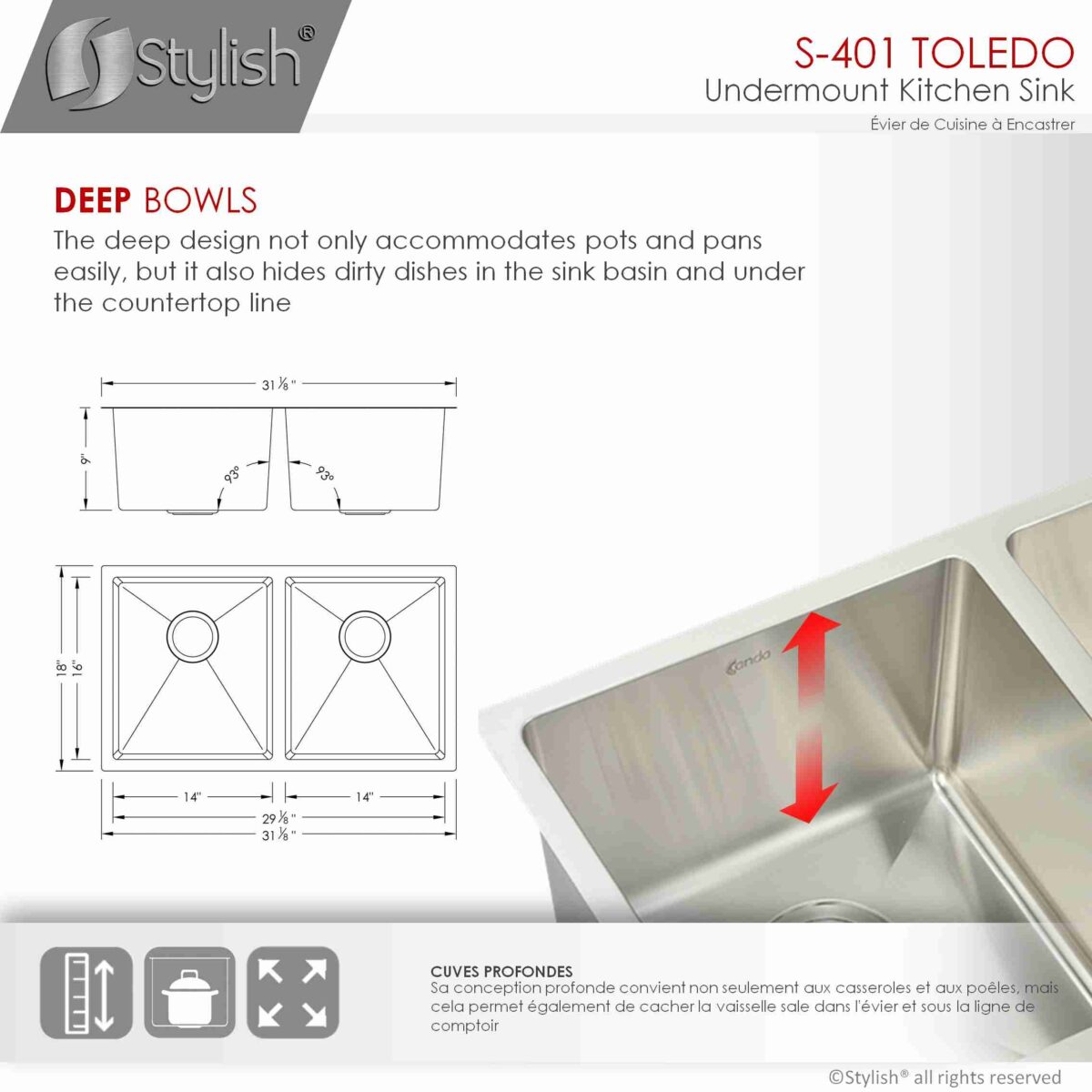 STYLISH S-401G TOLEDO 31-inch Undermount Kitchen Sink - Image 8