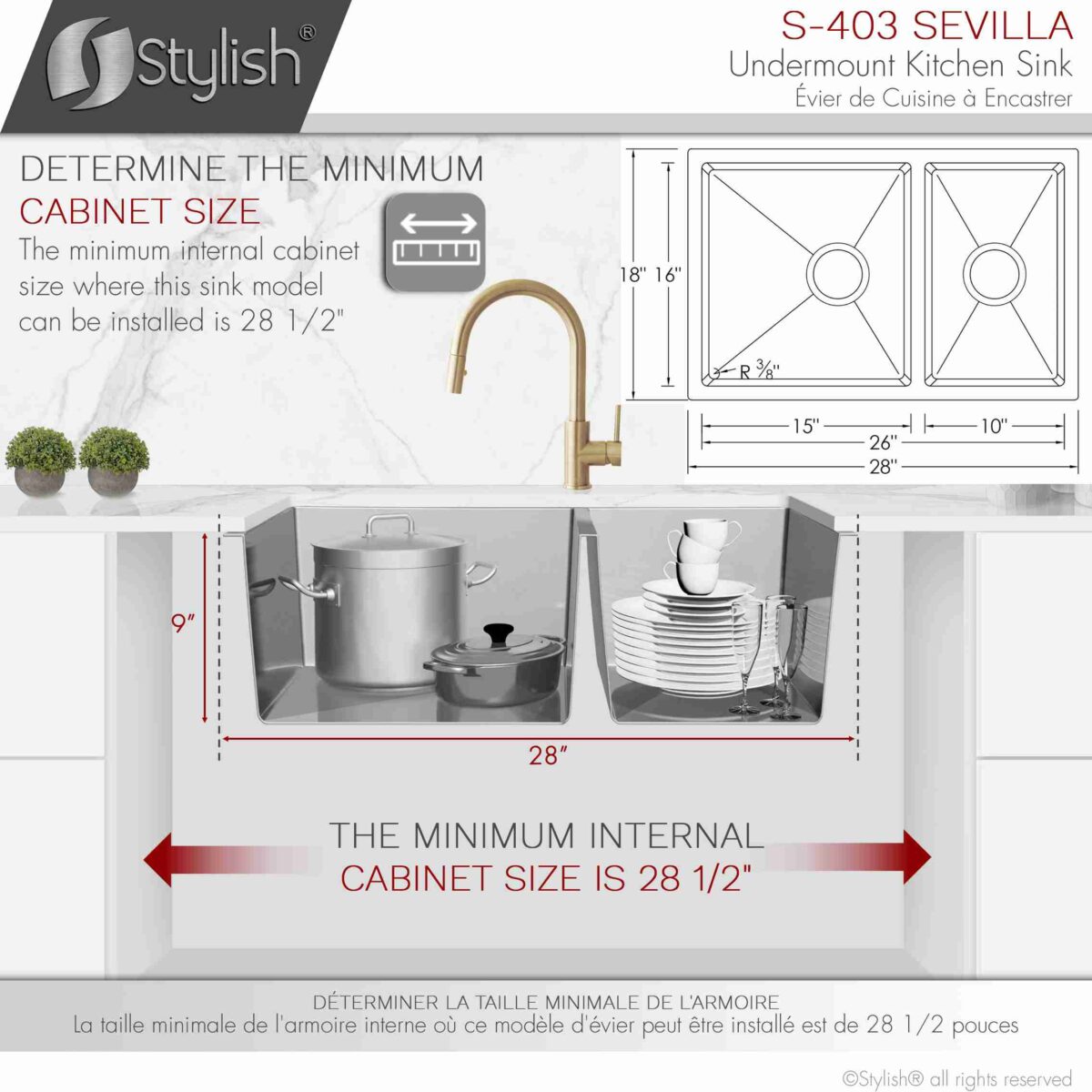 STYLISH S-403 SEVILLA 28-inch Undermount Kitchen Sink - Image 3