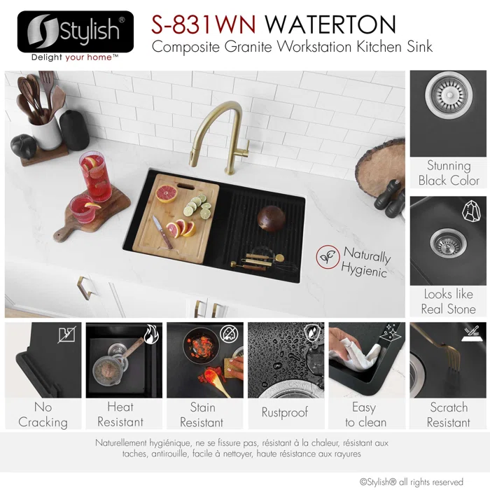 Stylish+Waterton+Composite+Dual+Mount+30”+Double-bowl+Workstation+Kitchen+Sink (6) STYLISH S-831WN WATERTON 30-inch Workstation Kitchen Sink - Image 6