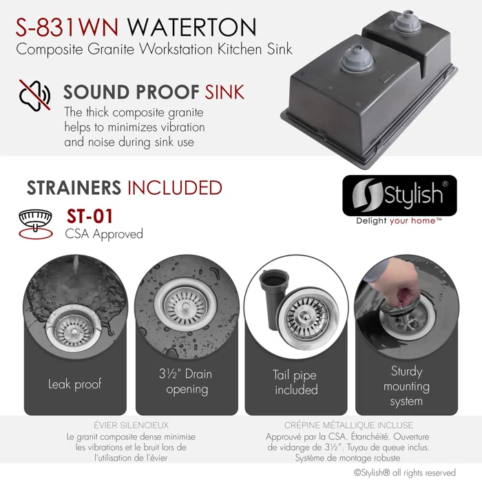 Stylish+Waterton+Composite+Dual+Mount+30”+Double-bowl+Workstation+Kitchen+Sink (8) STYLISH S-831WN WATERTON 30-inch Workstation Kitchen Sink - Image 8