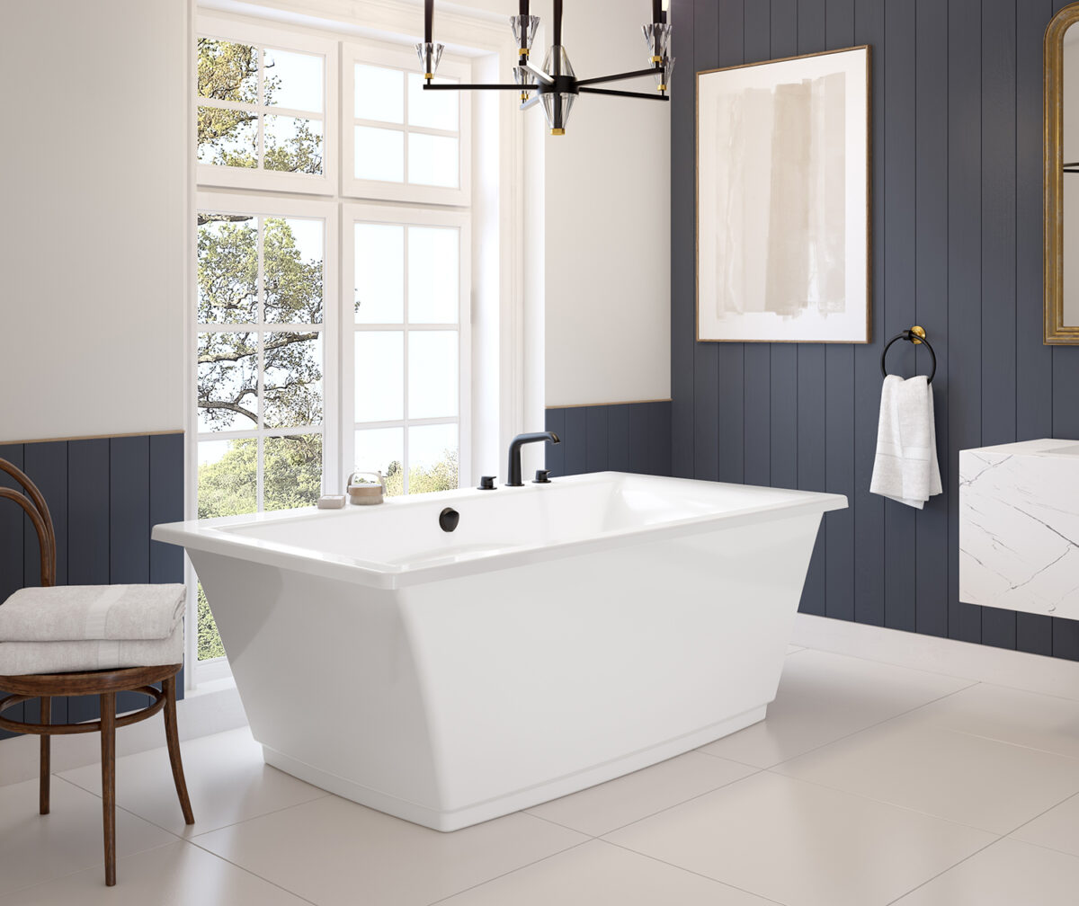 Optik 6636 F Acrylic Freestanding Center Drain Bathtub in White with White Skirt