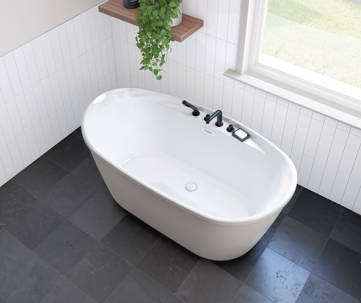 Sonoma 58 x 32 AcrylX Freestanding Center Drain Bathtub in White with White Skirt