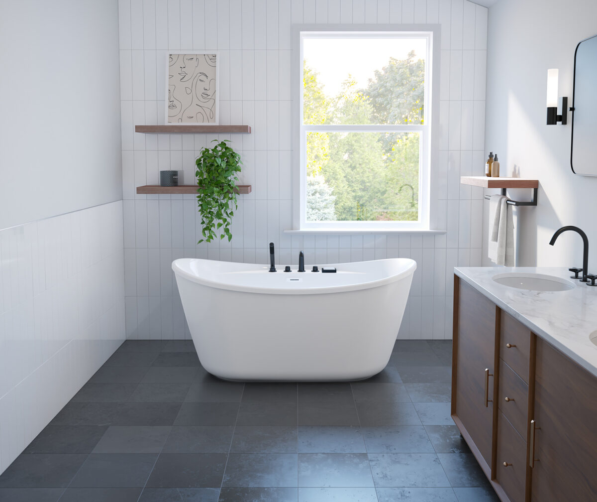 Sonoma 58 x 32 AcrylX Freestanding Center Drain Bathtub in White with White Skirt
