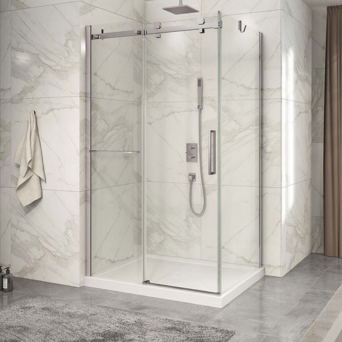 Zitta Shower door 48" x 36", in a corner closing on return, wall on the left, door on the right, in brushed nickel - Image 1