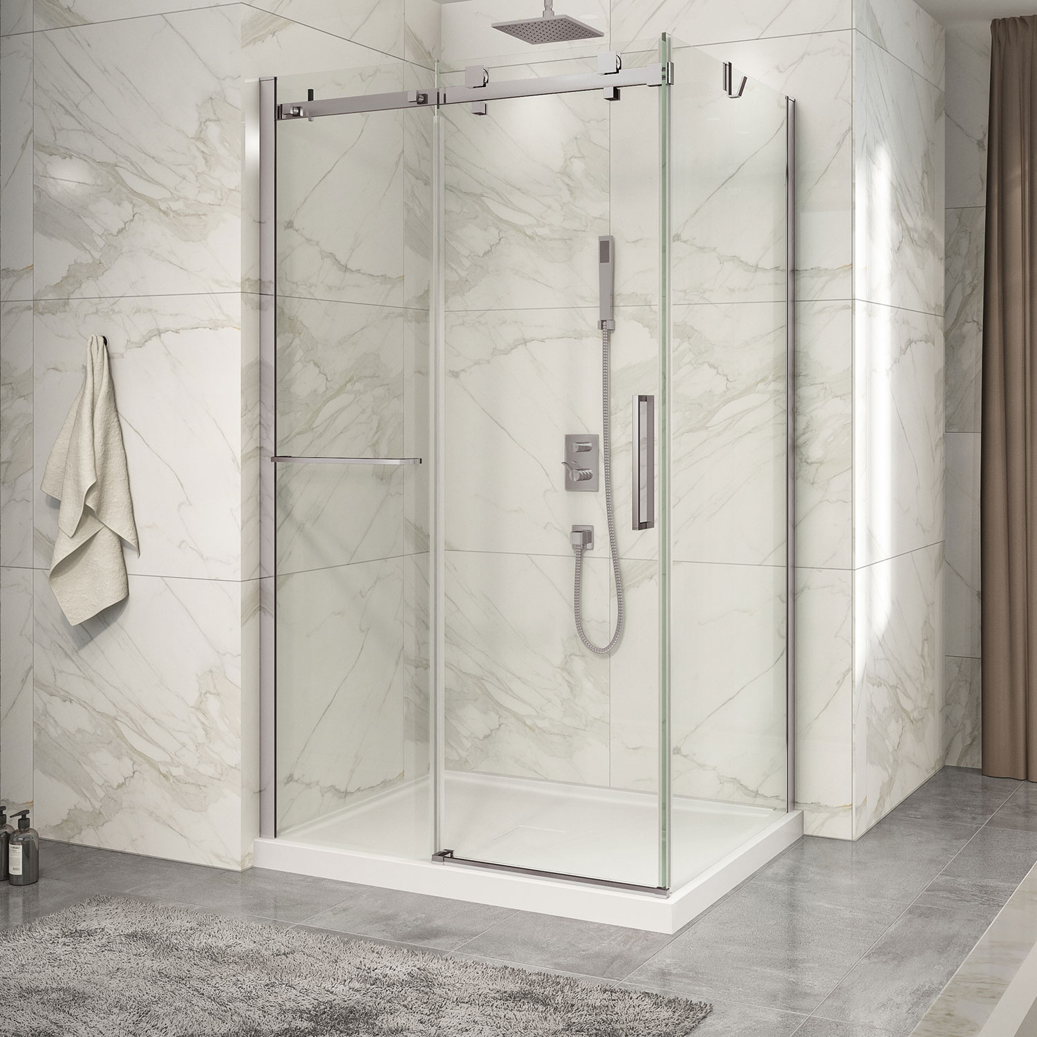 KDP2480036ASTC41_Zitta_Shower-Door_Piazza2_4836_Corner_NCK&NCK_Clear Zitta Shower door 48" x 36", in a corner closing on return, wall on the left, door on the right, in brushed nickel - Image 1