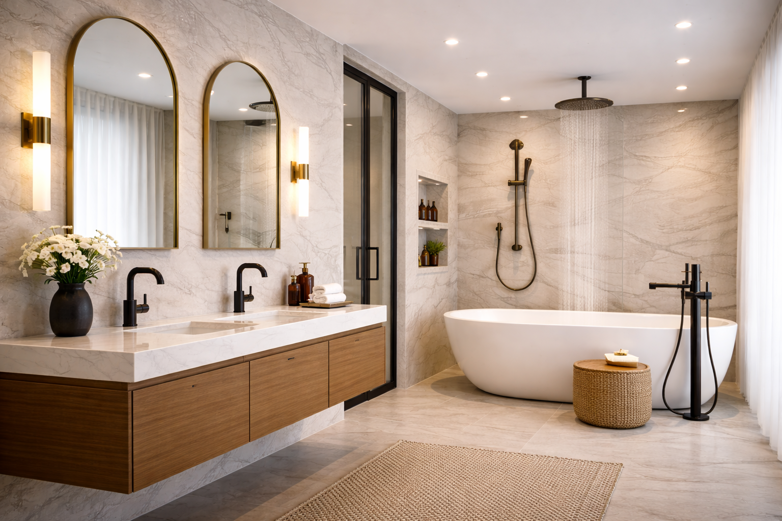 Modern luxury bathroom with matte black faucets, floating wood vanity, and walk-in shower system in a contemporary Canadian home