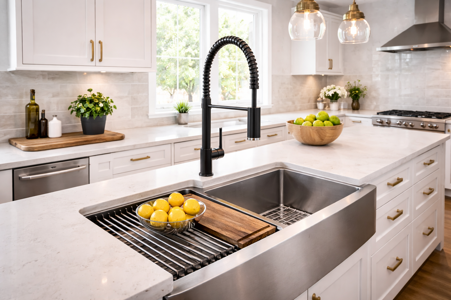 Modern kitchen featuring an undermount stainless steel sink with a black pull-down faucet in a contemporary Canadian home
