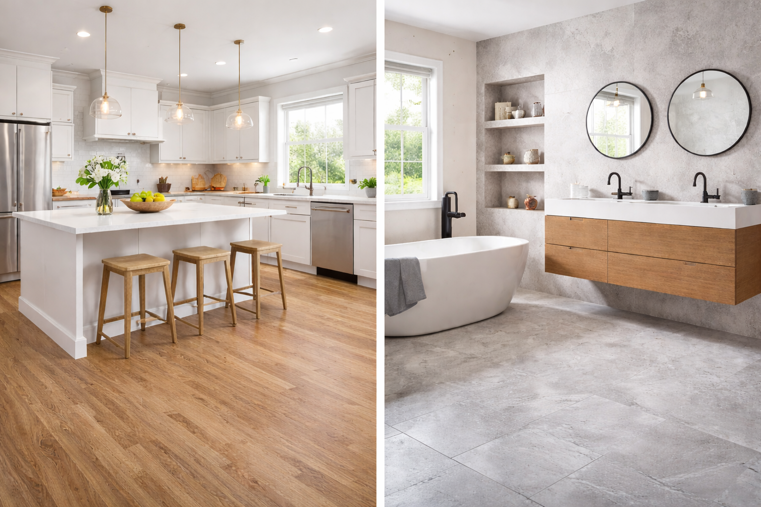 Split image showing a modern white kitchen with quartz island and a contemporary bathroom with freestanding tub and floating vanity in a bright neutral design.